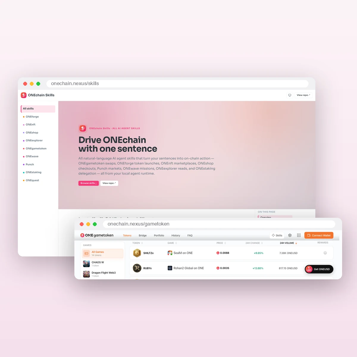 ONEchain Skills와 ONEgametoken 실제 서비스 화면